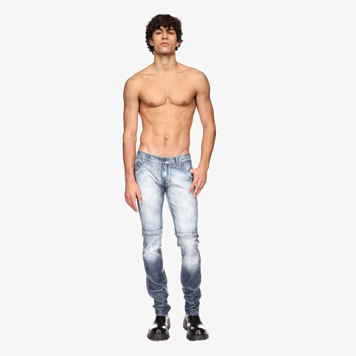 HK pants in denim washed stretch leather - front view