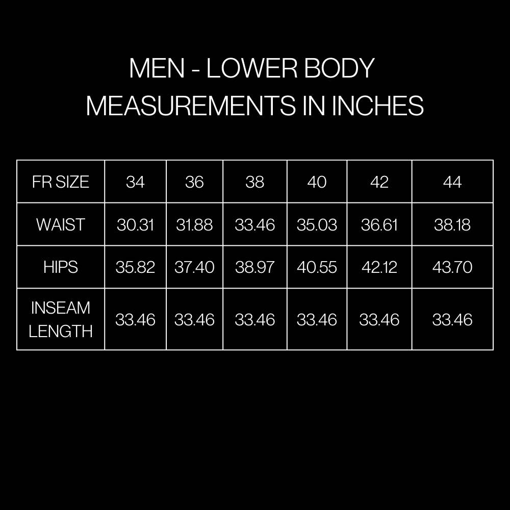 men's lower body size guide - measurements in inches