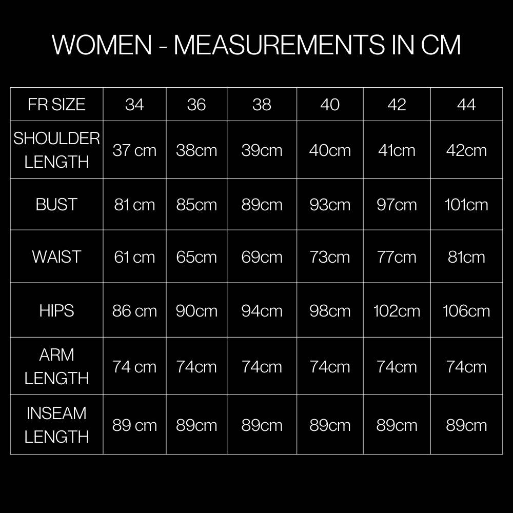 women's size guide - measurements in CM