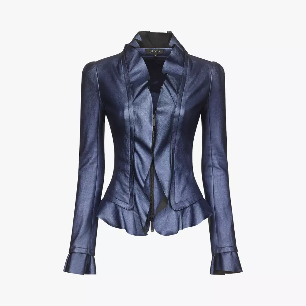 JAGGER metallic blue stretch leather ruffled jacket - packshot