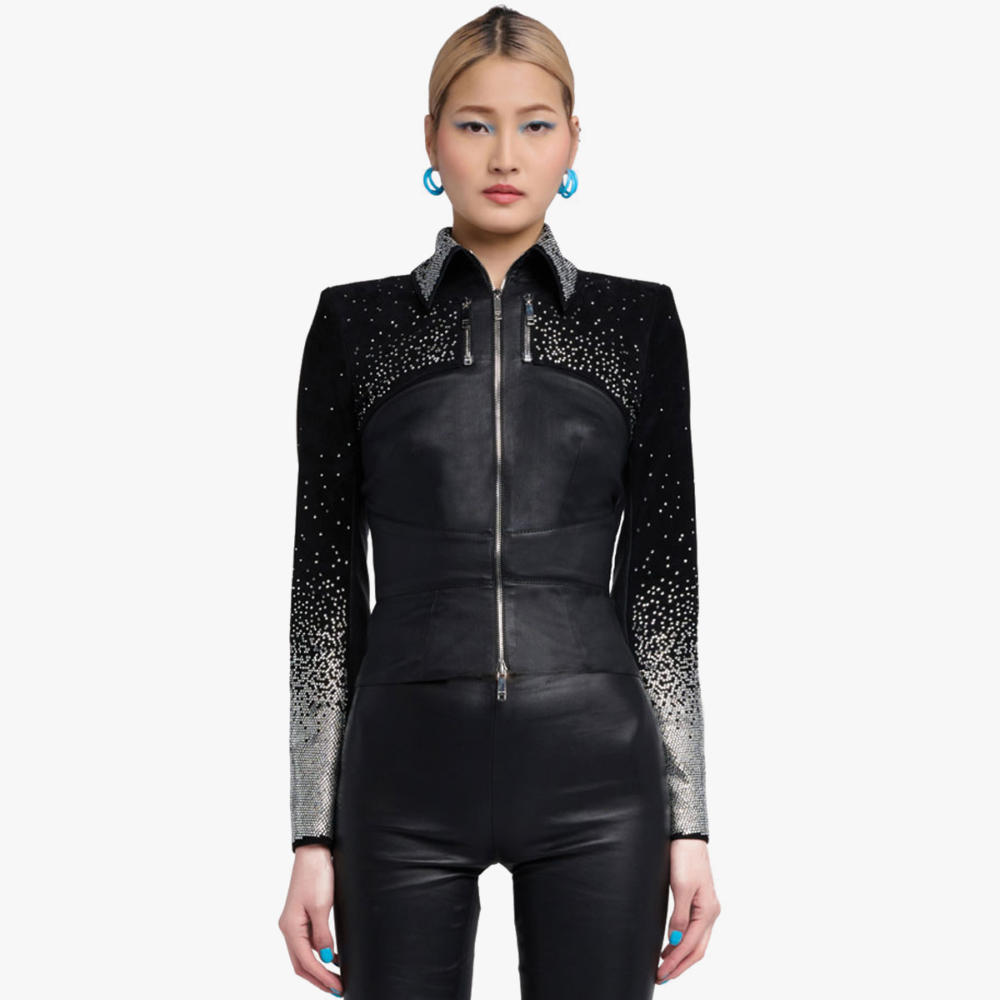 faye strass jacket in silver stretch leather - front view