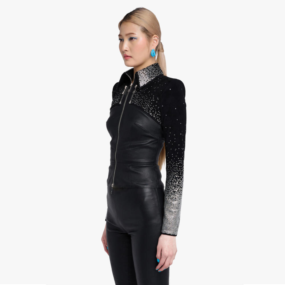 faye strass jacket in silver stretch leather - side view