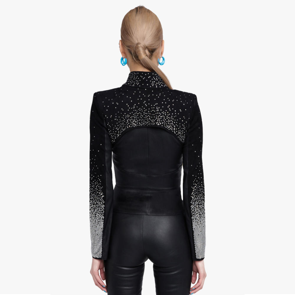 faye strass jacket in silver stretch leather - back view