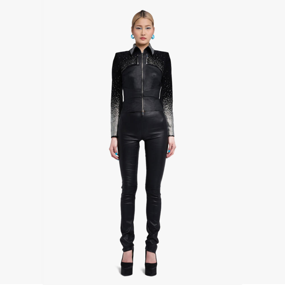 faye strass jacket in silver stretch leather - total body front view