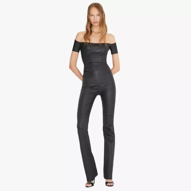 NIKI flared pants in black stretch leather - front view