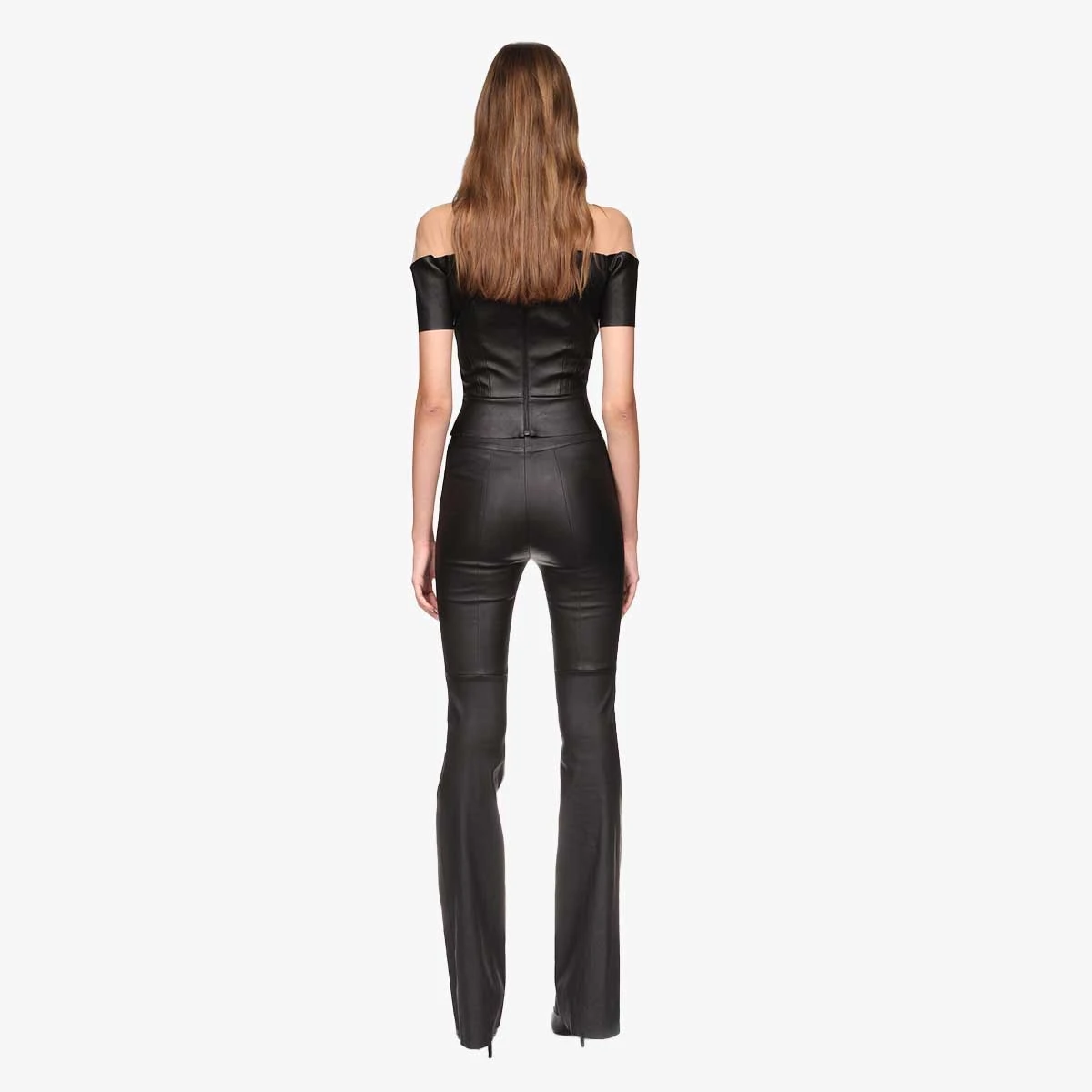 NIKI flared pants in black stretch leather - back view