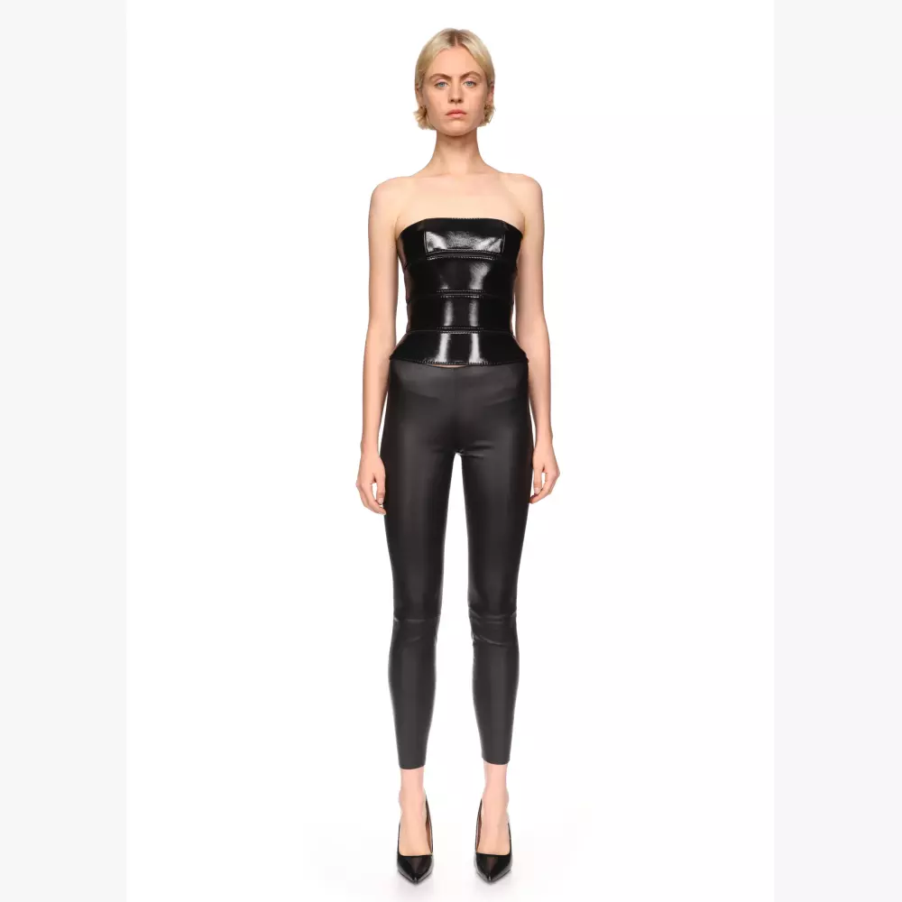 Beatrix bustier in patent leather and stretch plunged lambskin in black - full body