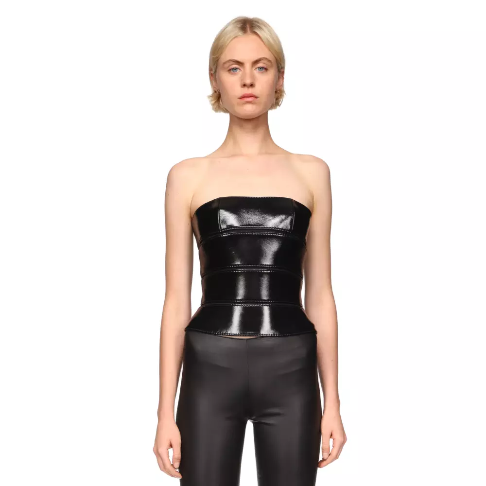 Beatrix bustier in patent leather and stretch plunged lambskin in black - front