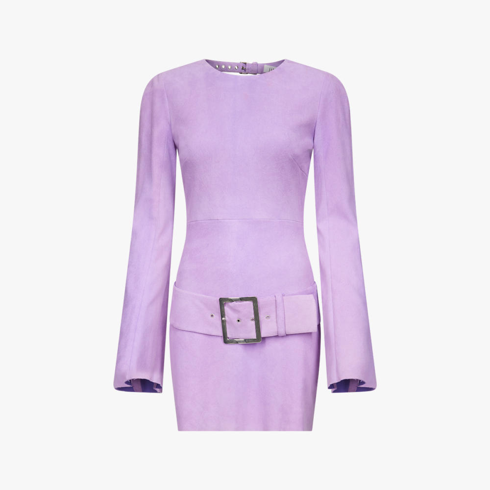 DONNA belted dress in lilac stretch suede - packshot face