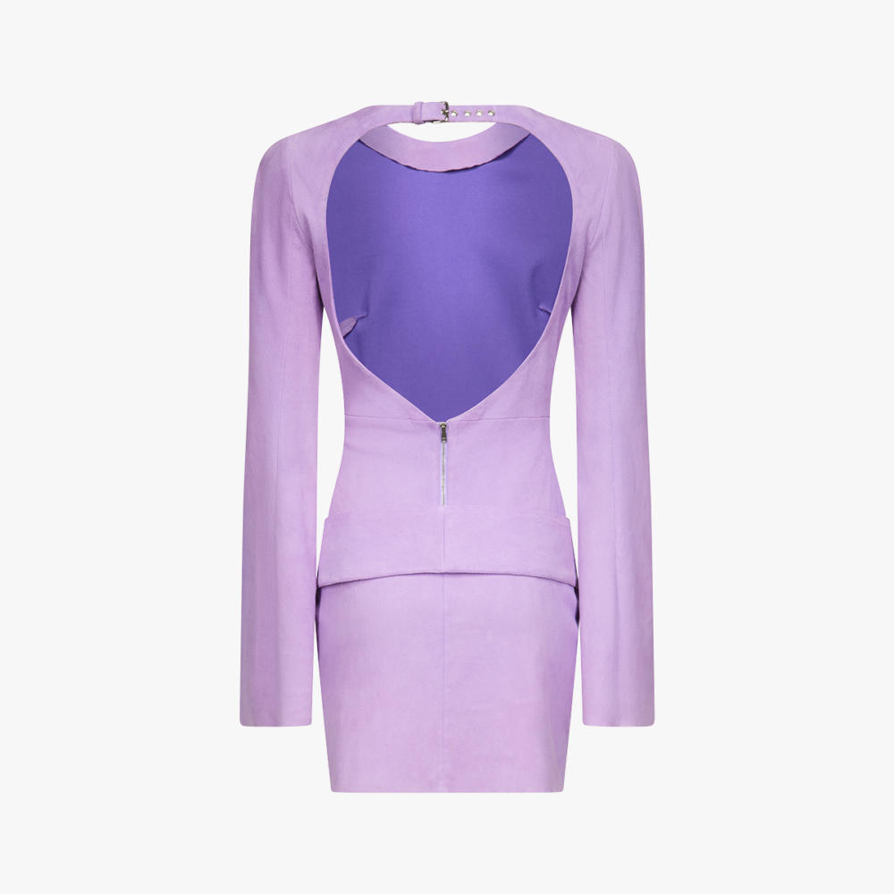 DONNA belted dress in lilac stretch suede - packshot back