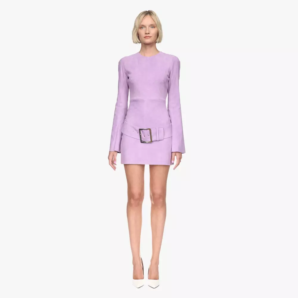 DONNA belted dress in lilac stretch suede - front view