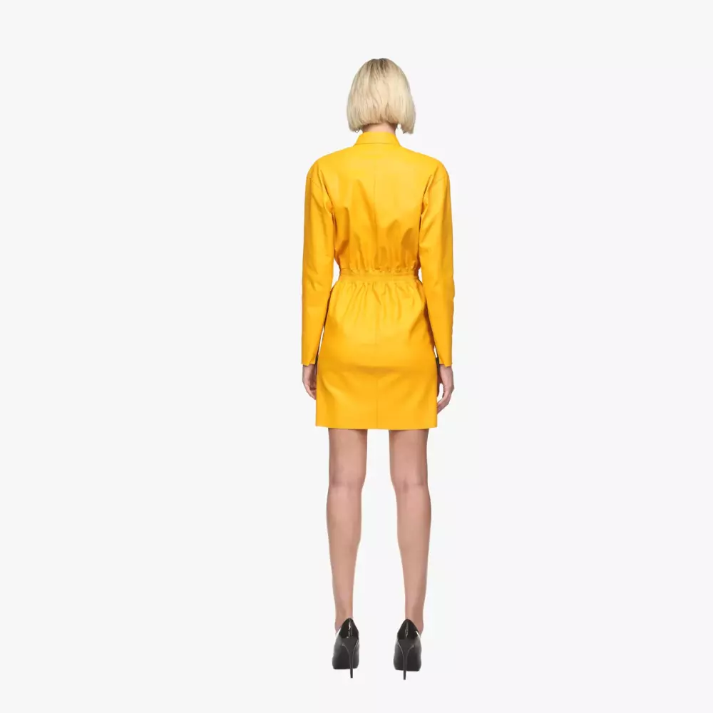 F1 dress in yellow stretch leather back view yellow