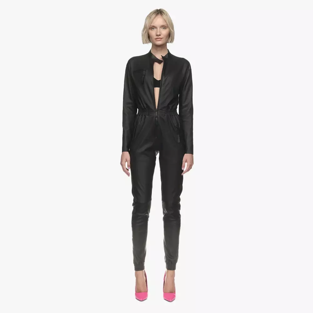 F1 jumpsuit in black Jitrois stretch leather - front view