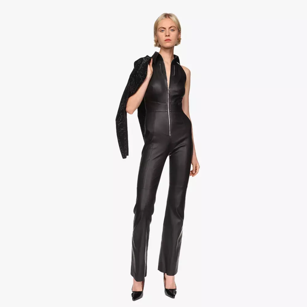 FAYE jumpsuit in black stretch leather - front view
