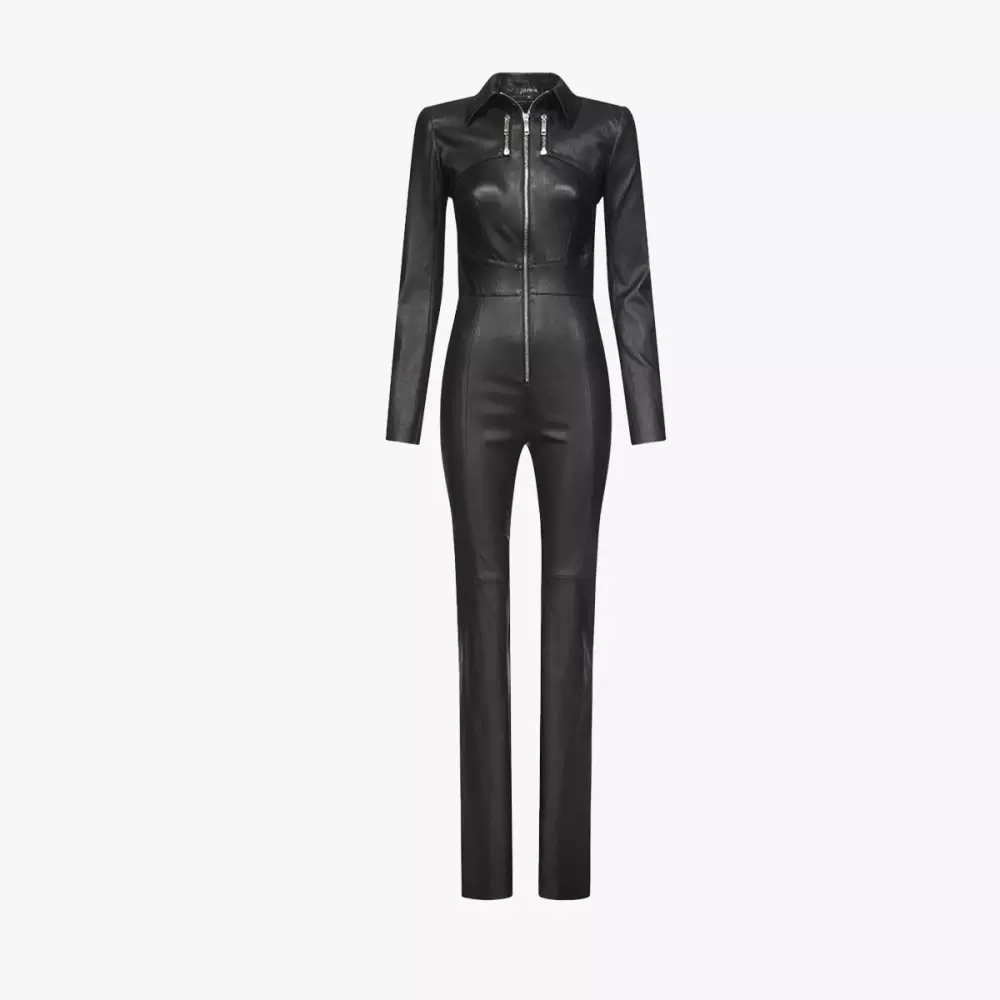 FAYE jumpsuit in black stretch leather - complete packshot