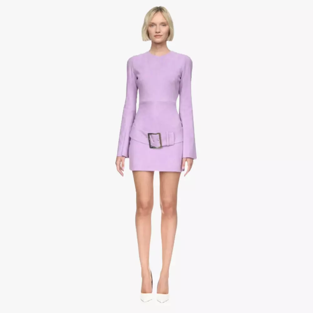 DONNA belted dress in lilac stretch suede - front view model