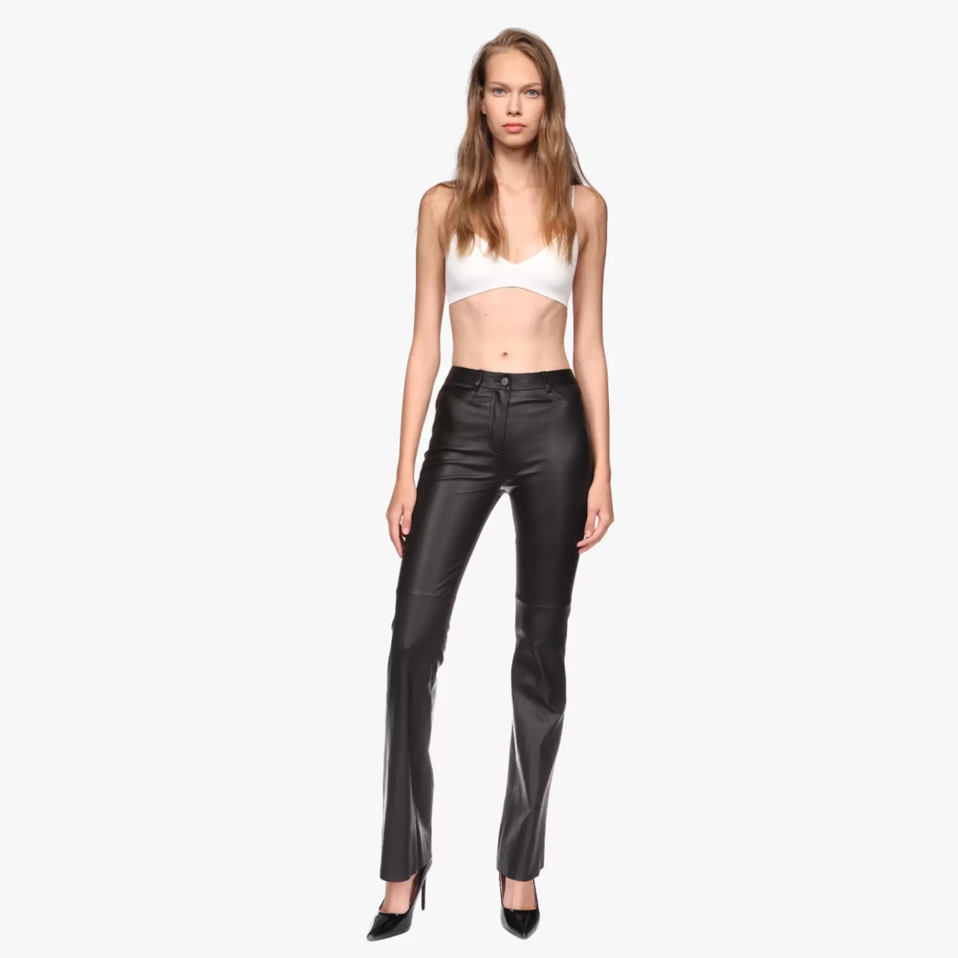 Bright straight leg pants stretch leather black - front