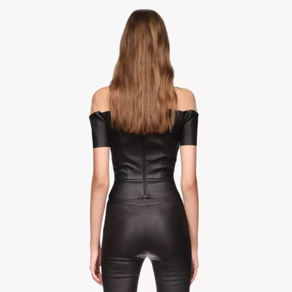 DIVINE top in stretch leather and Illusion tulle - back view black