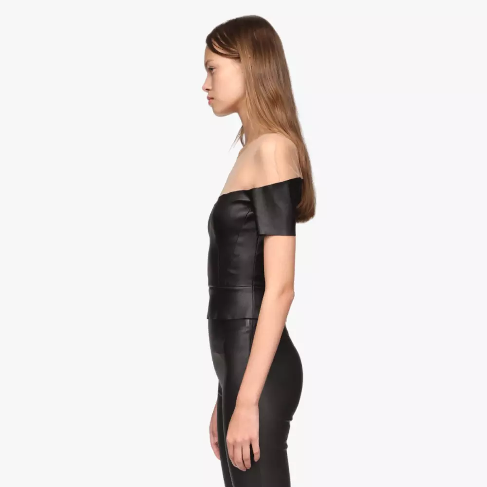 DIVINE top in stretch leather and Illusion tulle - side view black