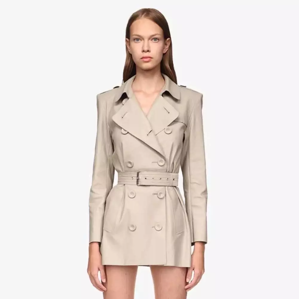 MELINA Belted Trench Dress in Pebble Grey stretch leather - zoom front view