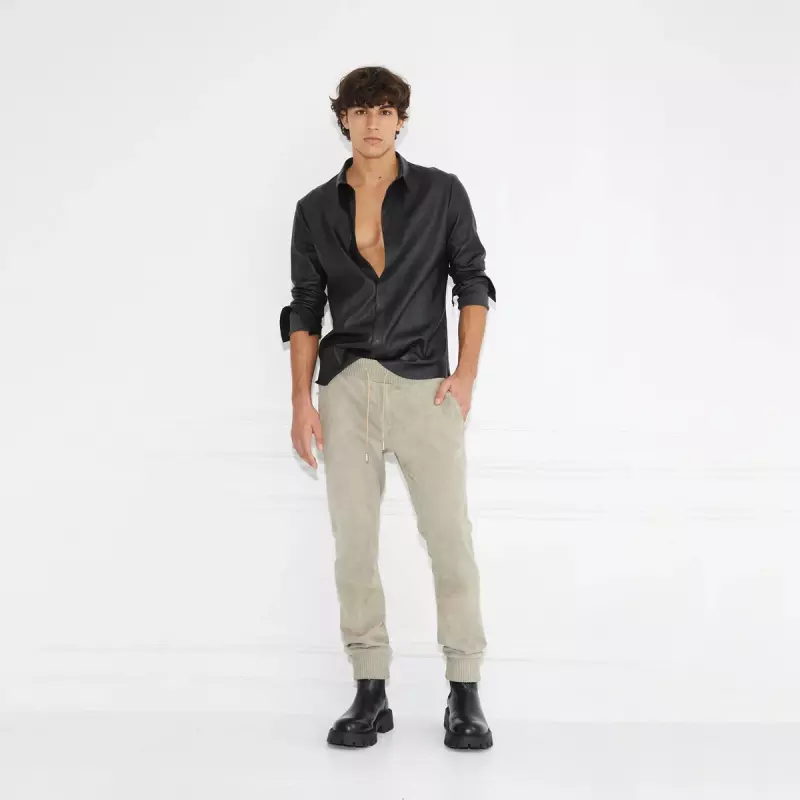 Pantalon JOGGING en cuir stretch Gris Galet - lookbook