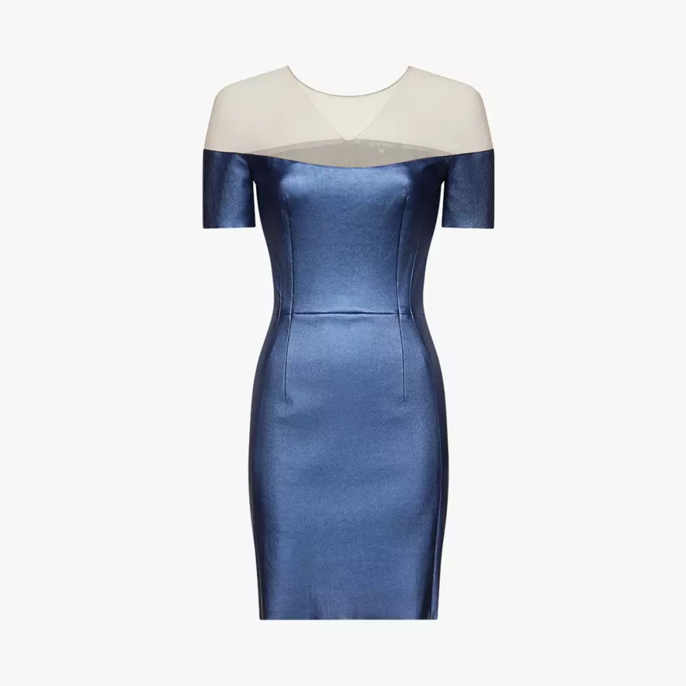 DIVINE dress in stretch leather and illusion blue tulle mesh - packshot