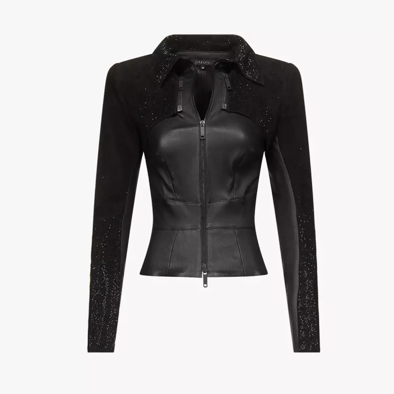 FAYE rhinestone leather & stretch suede jacket - black - packshot 1