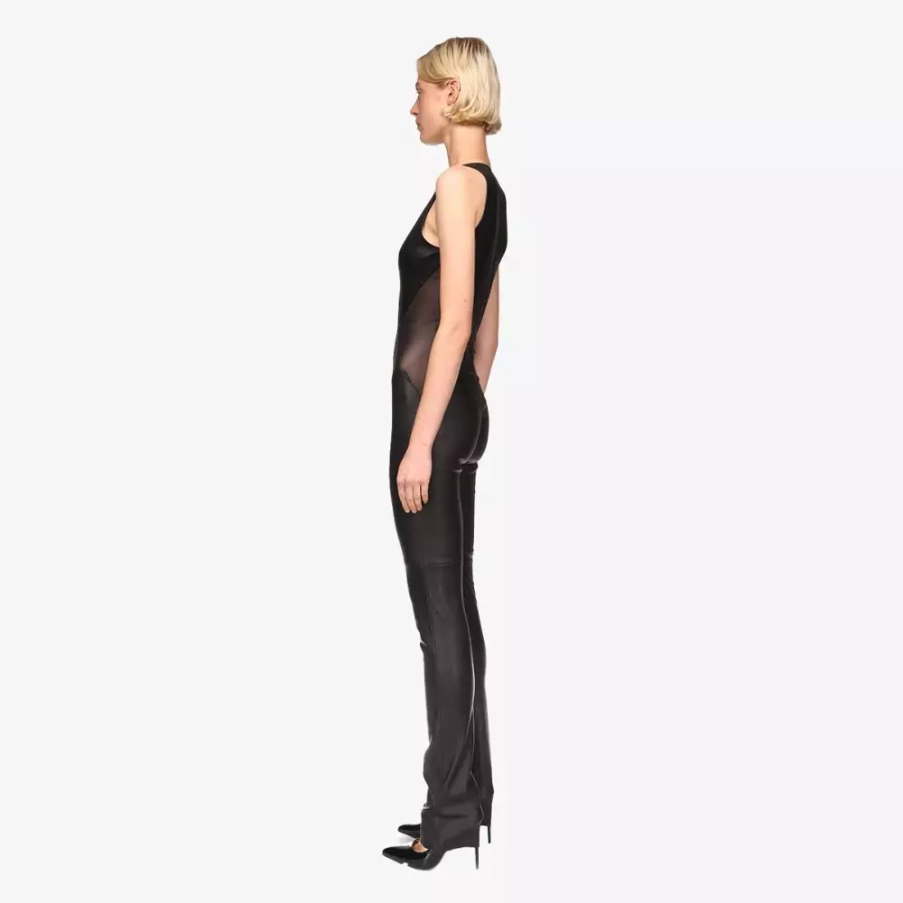 POPPY jumpsuit in stretch leather and mesh in black - left view