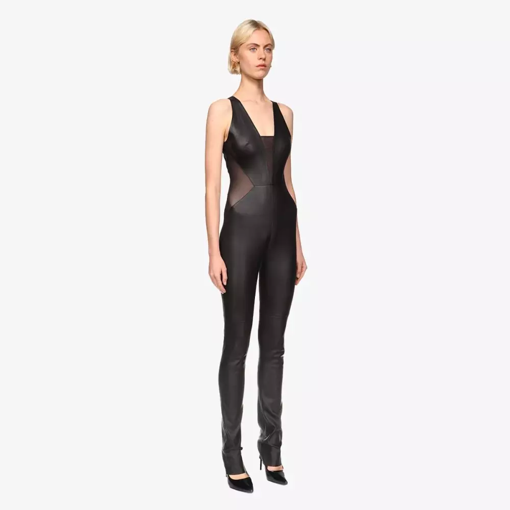 POPPY jumpsuit in stretch leather and mesh in black - right view