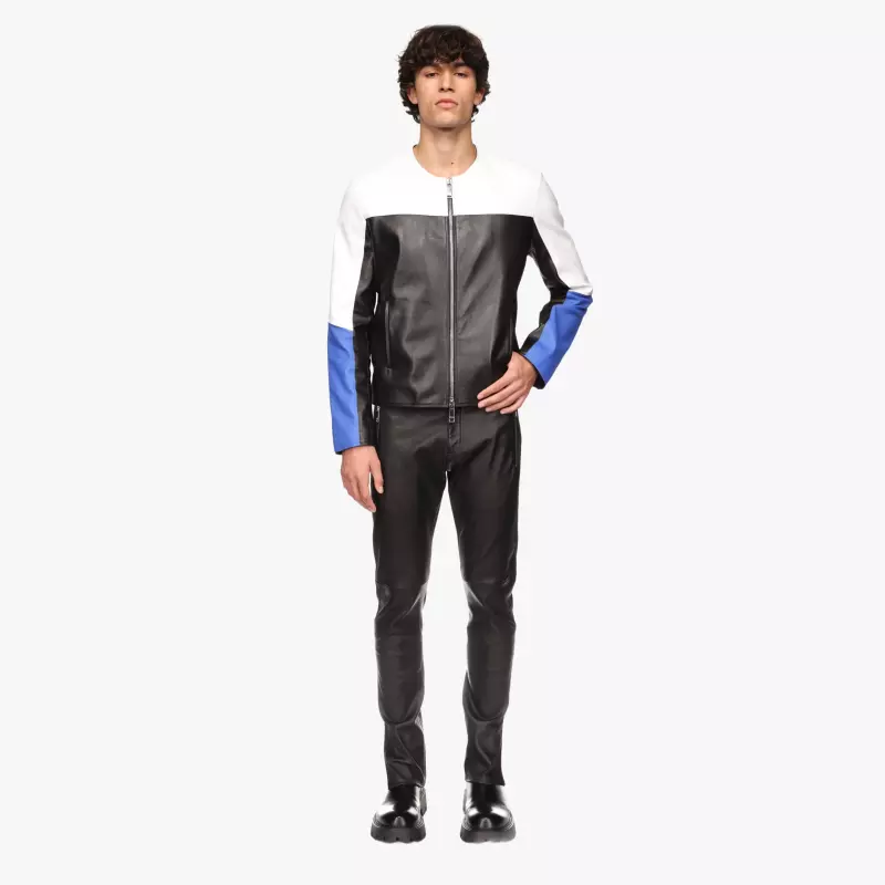 TRIUMPH Tricolor Jacket in black and blue leather - front view