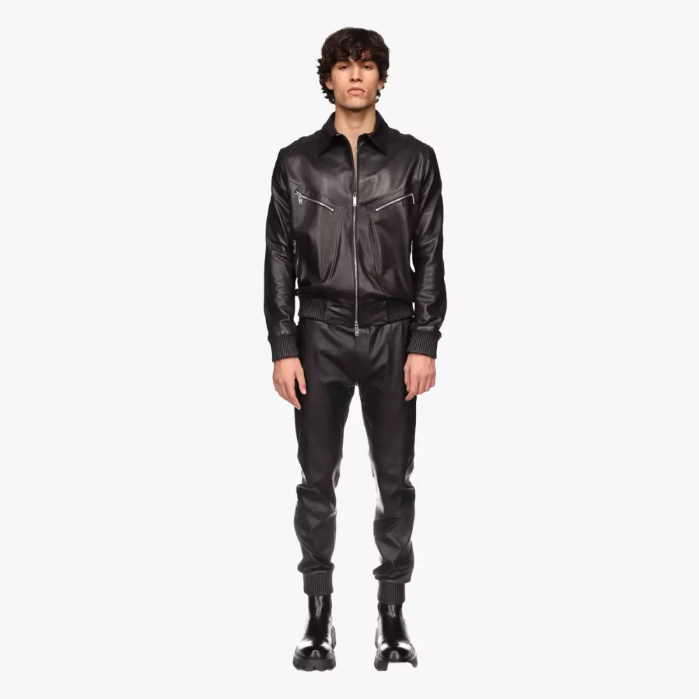 Black stretch leather JOGGING pants - front view