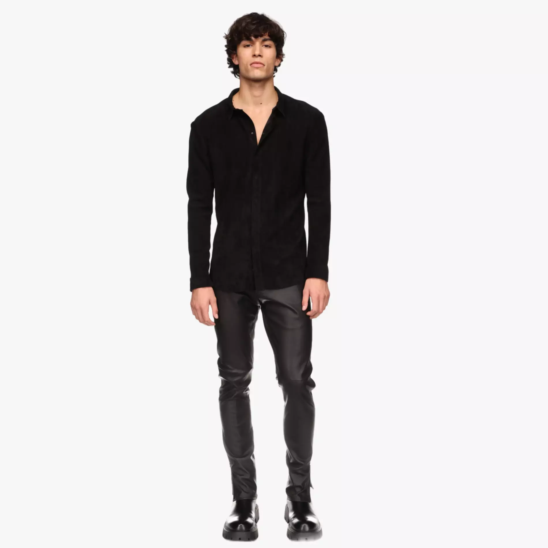 WANDER shirt in black stretch suede - front view