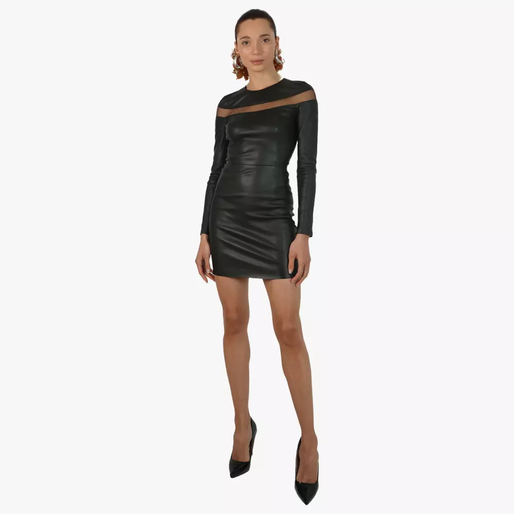 Harper dress in Black stretch leaher and tulle illusion mesh Jitrois - position