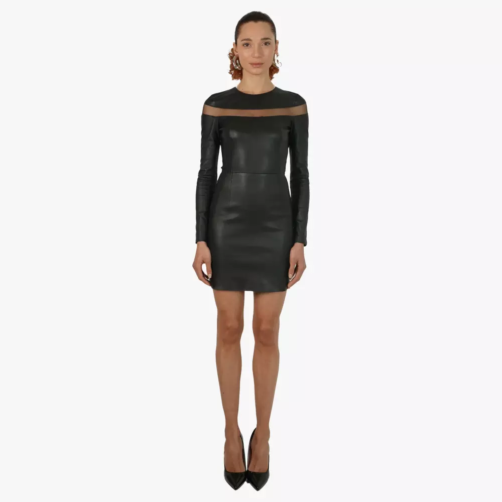 Harper dress in Black stretch leaher and tulle illusion mesh Jitrois - front view
